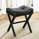 18-Inch Leather Vanity Stool Chair, Vanity Bench with Metal X-Leg, Ottoman Foot Stool with Thick Padded Saddle Seat, Black (Small)