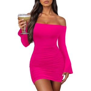 Women's Off Shoulder Bodycon Mini Dress Elegant Long Sleeve Ruched & Ribbed Tight Fit Clubwear for Cocktail Party,Date Night Rose Red,Medium