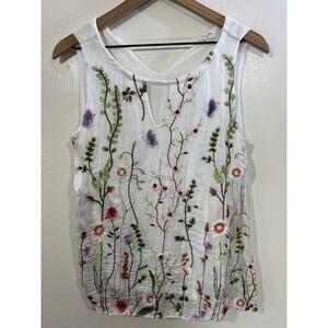 Women's Tank Top White with Flowers, Size XL