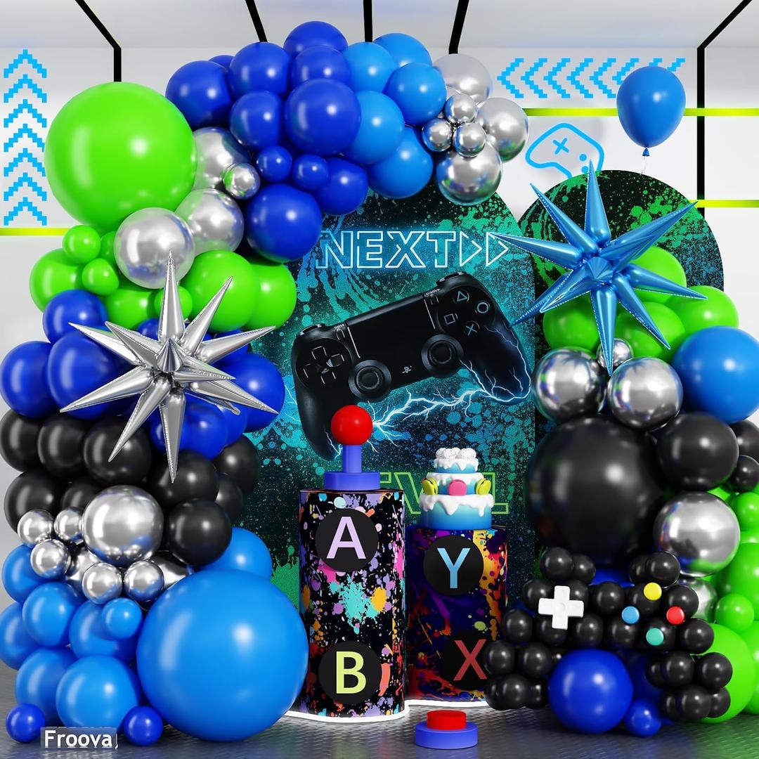 Video Game Balloon Arch Garland Kit, 125pcs Dark Blue and Green Black Silver Balloon with Royal Blue Silver Explosion Star Foil Balloons for Boys Gaming Night Birthday Baby Shower Party Decorations