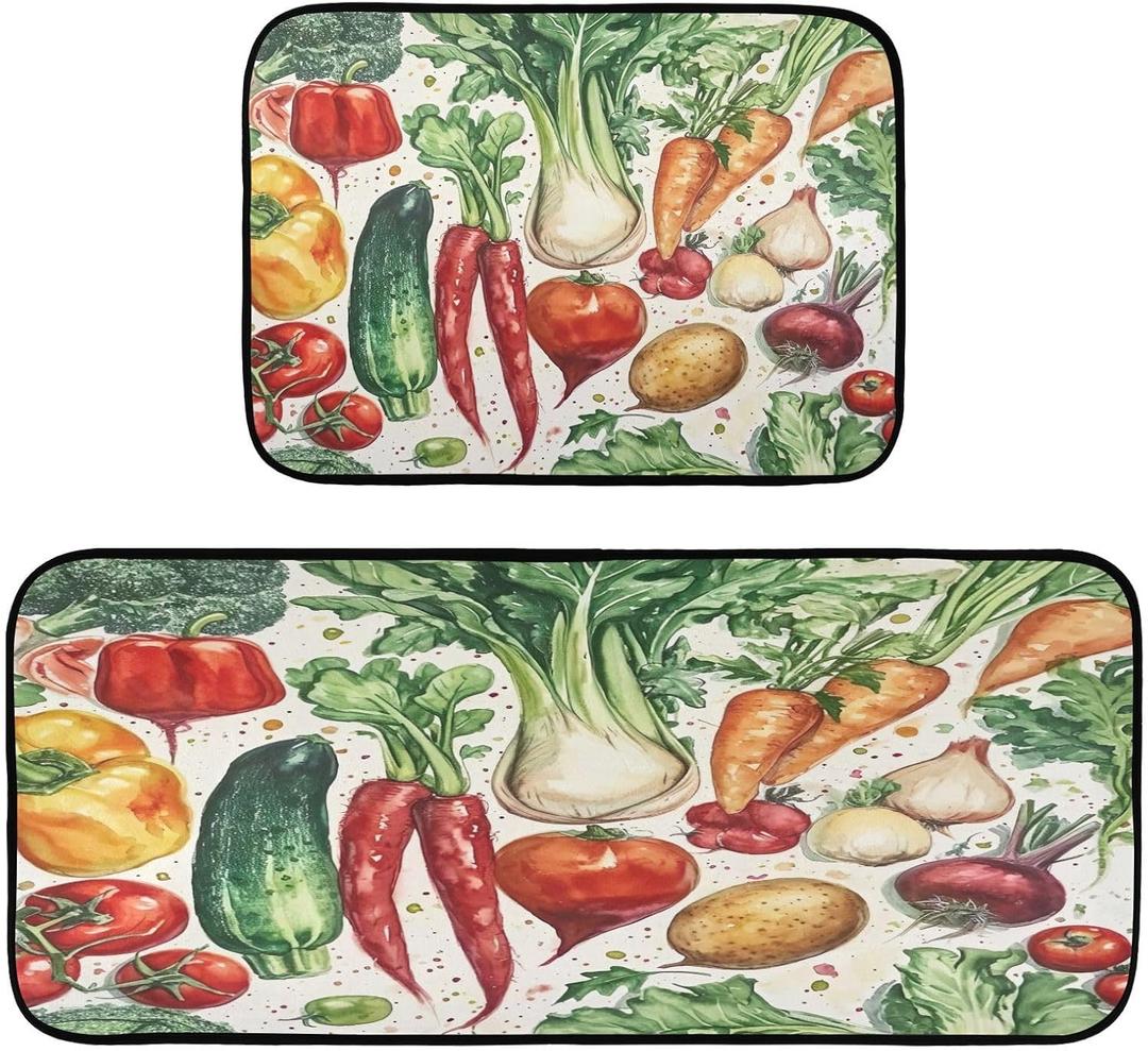 Kigai Watercolor Vegetables Kitchen Rug Set of 2 Non Slip Washable Cushioned Anti-Fatigue Kitchen Mat Comfort Standing Floor Mat for Kitchen Washroom Bedroom