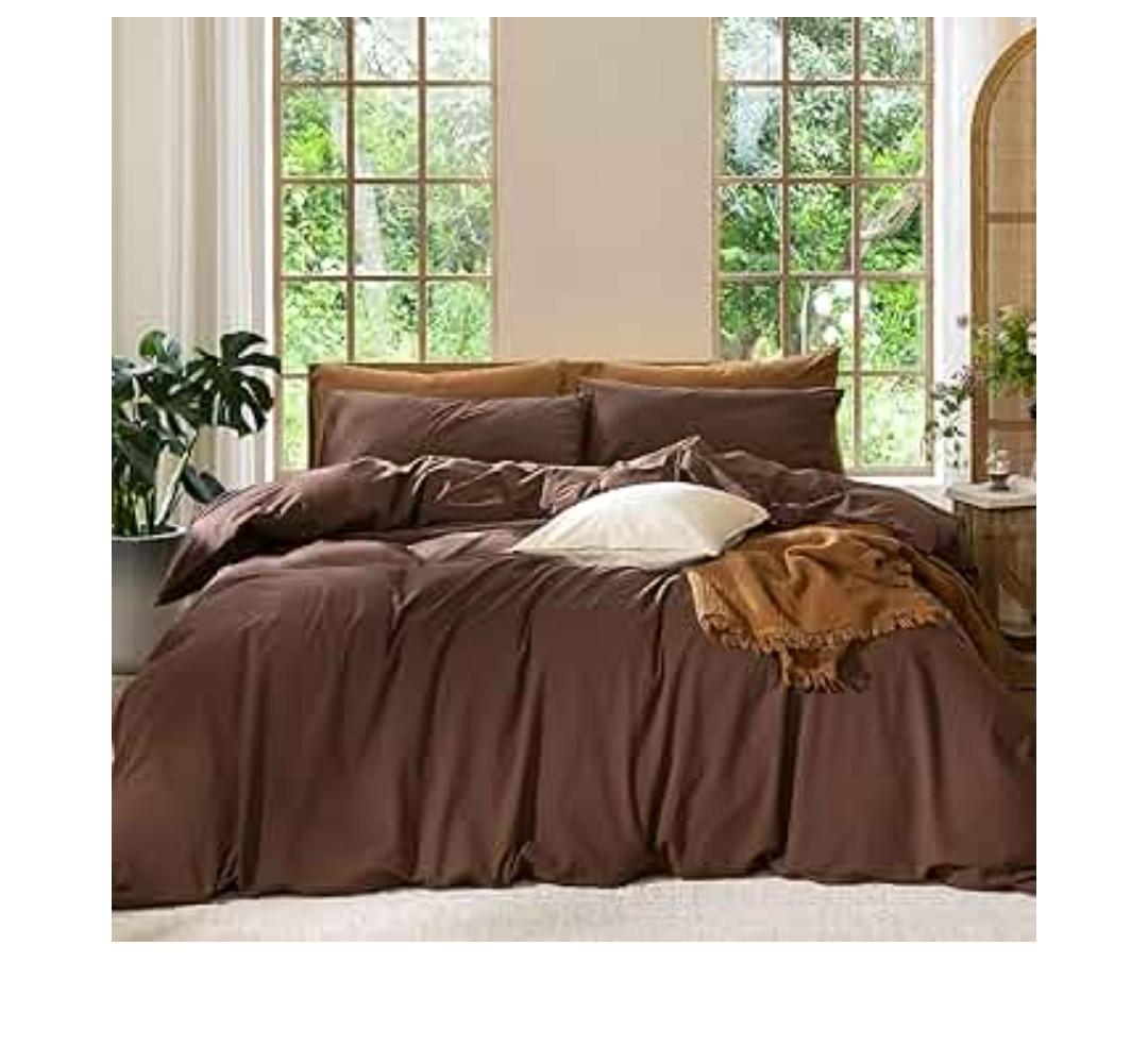 MooMee Bedding Duvet Cover Set 100% Washed Cotton Linen Like Textured Breathable Durable Soft Comfy (Solid Cocoa Brown, Queen 90"x90")