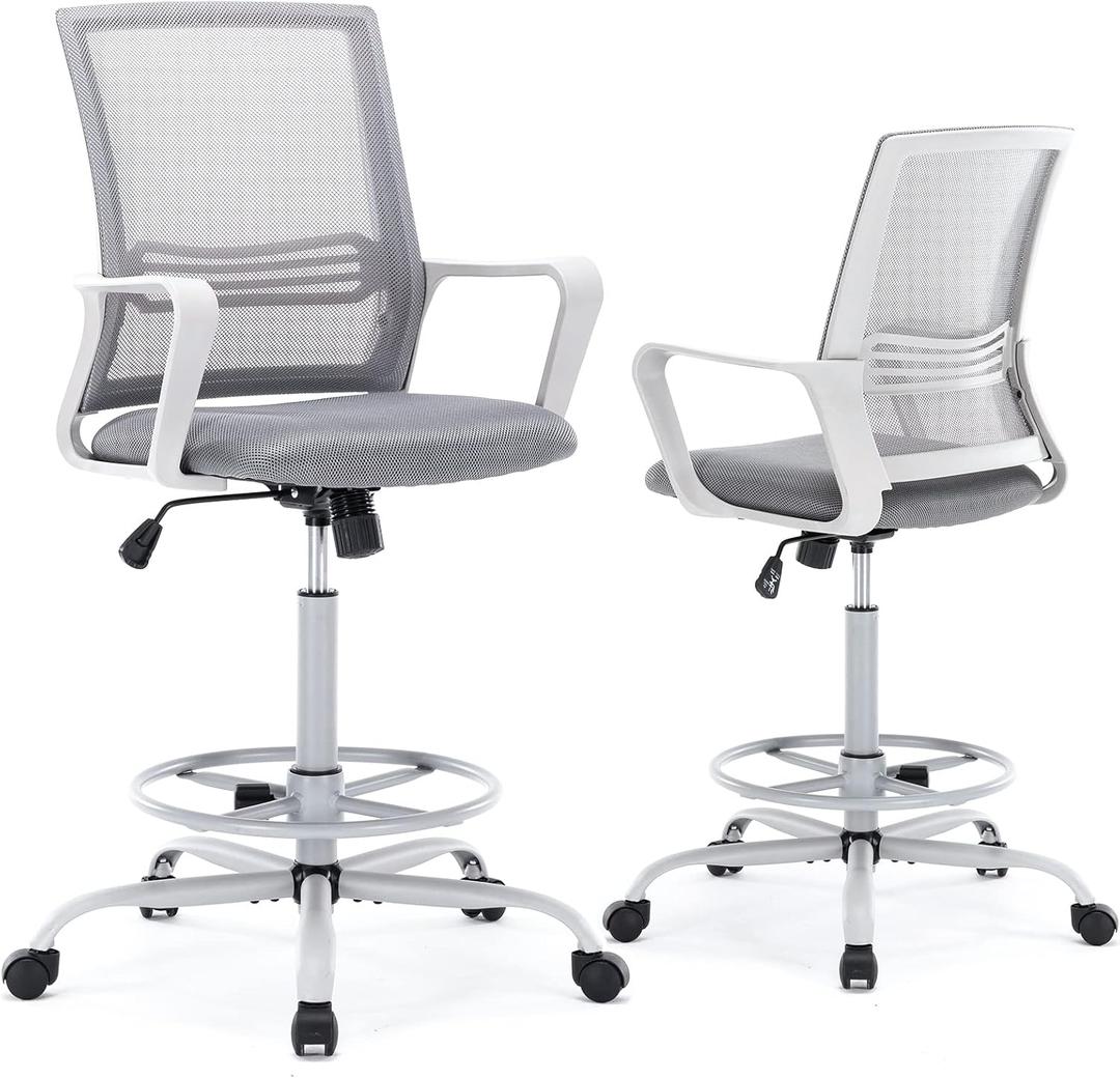 OLIXIS Drafting Chair, Tall Office Chair with Adjustable Foot Ring, Standing Desk Chair Support and Adjustable Armrests, Swivel Rolling Tall Chair, Breathable Mesh, Height Adjustable, Grey (18.5D x 17.72W x 53.54H in)