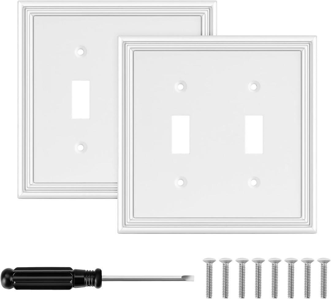 White Modern Decorative Wall Plate Light Switch Cover Decorator Outlet Covers Rocker Switch Plates Bamboo Fiber Material Wall Plates for Kitchen Bathroom (2 Gang Double Toggle-2 Pack)