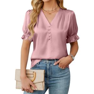BMJL Womens Blouses Dressy Casual Satin V Neck Short Sleeve Shirts Business Casual Tops for Women (Large, Light Pink)