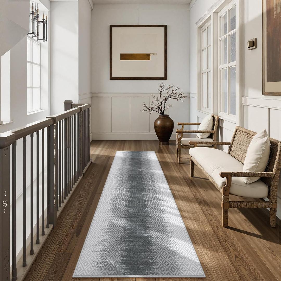 Lahome Moroccan Runner Rugs for Hallway 2.5x8,Grey Long Kitchen Runner Rugs Washable Ultra-Thin Non Slip, Soft Abstract Carpet Runners for Entryway Stair