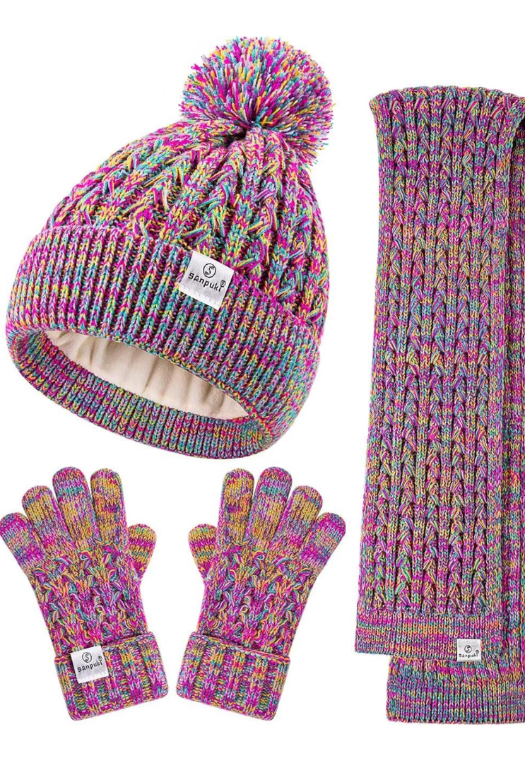 Kids Winter Hat Gloves Scarf Set,Girls Toddler Winter Hat Beanie with Pom Neck Warmer Gaiter Mittens Fleece Lined Set