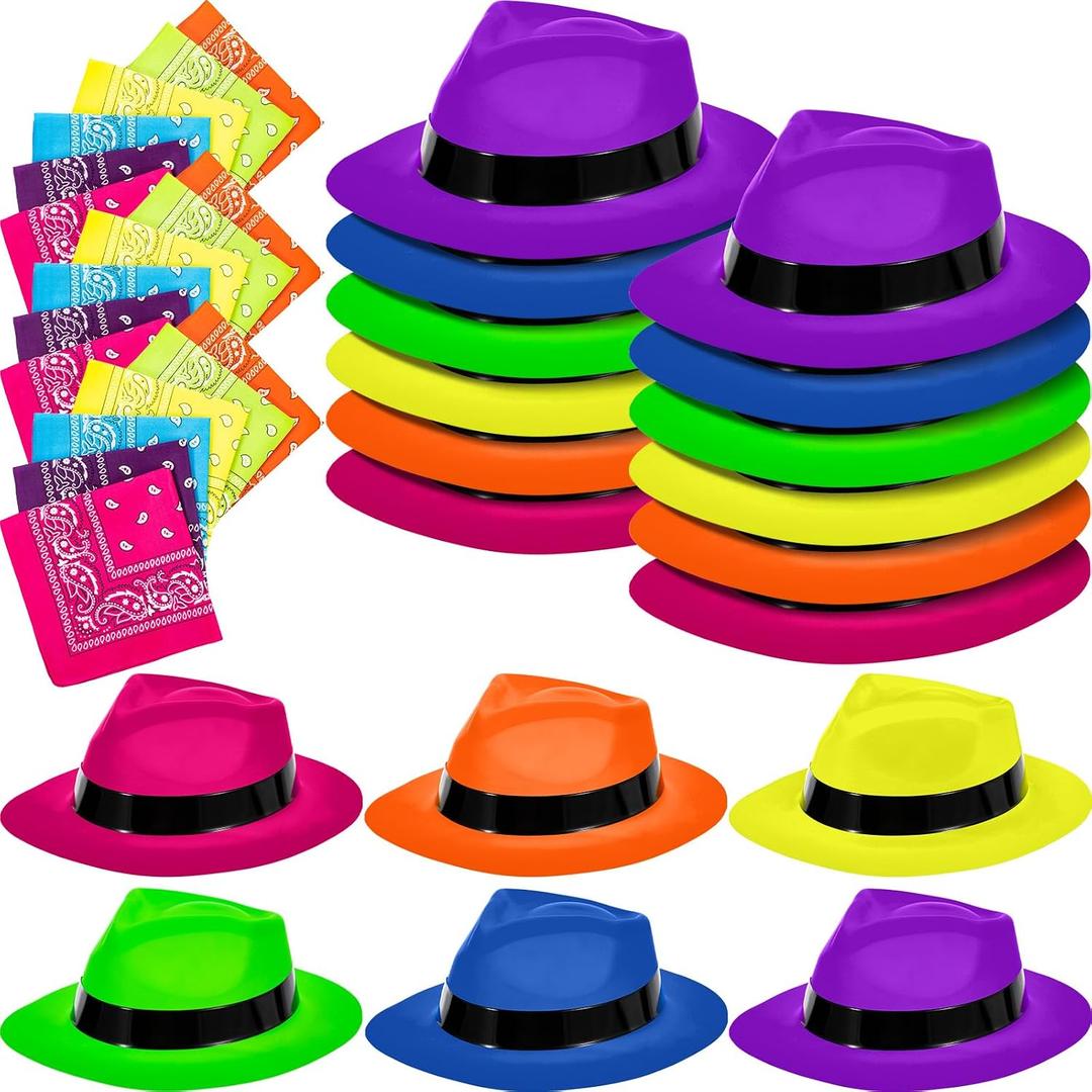 Hercicy 36 Pcs 18 Set Western Cowboy Hat and Paisley Bandana for Women Men Neon Sparkly Mafia Party Decor Adult Colorful Gangster Hats for Cosplay Music Disco 80's Party Props Favors