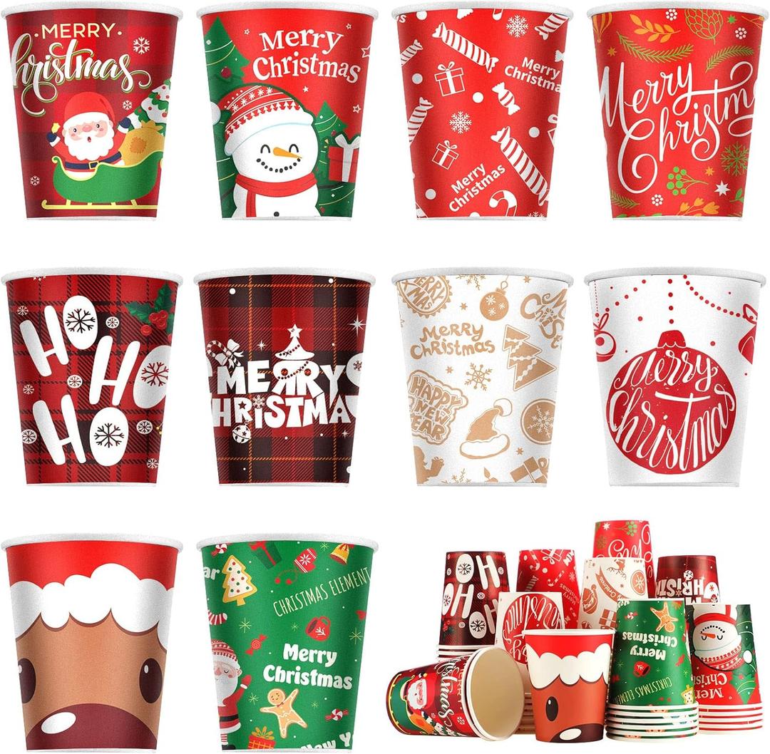 Jetec 100 Pcs Christmas Paper Cups Disposable Coffee Tea Cups 9 oz Merry Christmas Snowflake Santa Snowman Elk Paper Drinkware Holiday Supplies, 10 Styles(9 Oz)