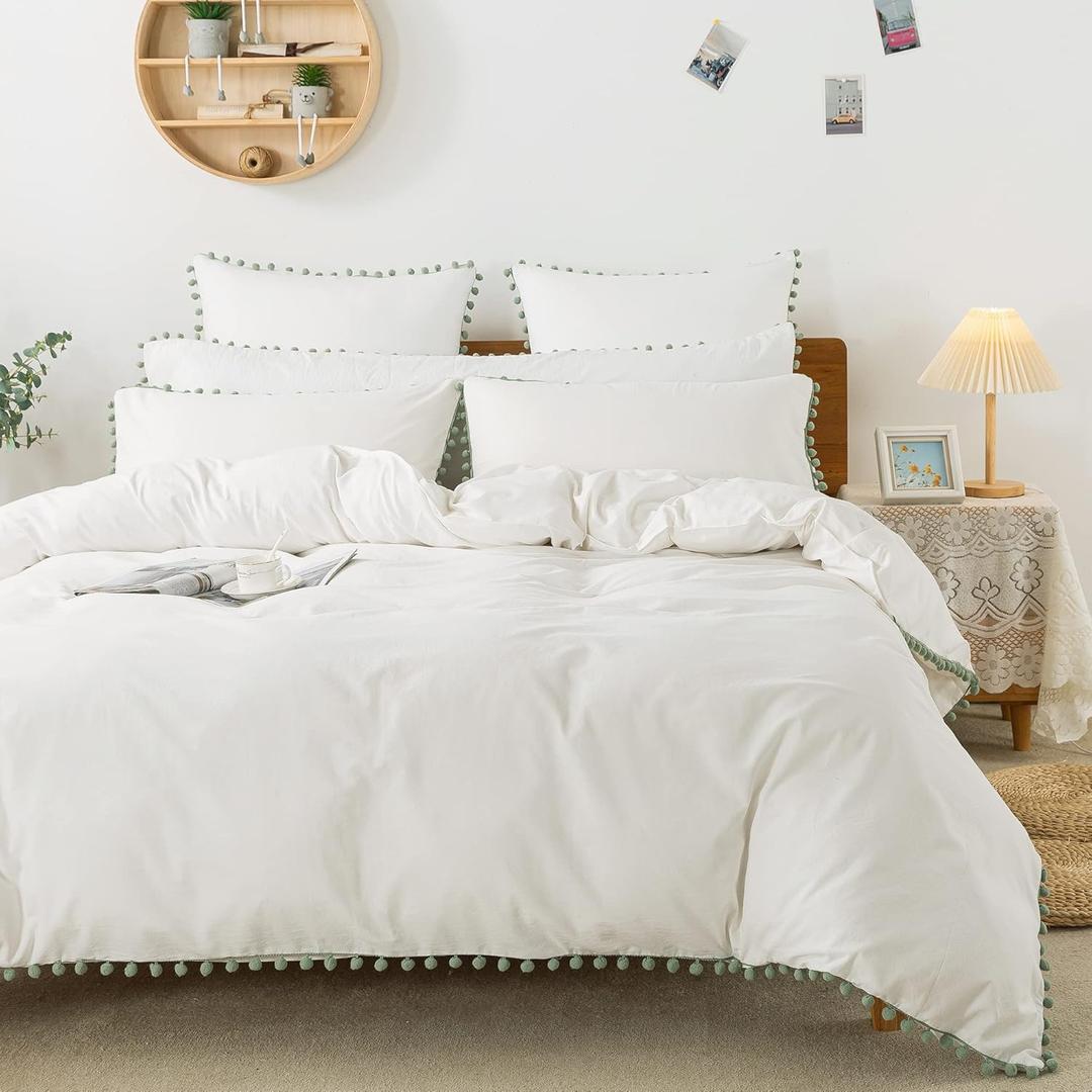 Softta Bohemian Bedding Twin Vintage Pom-Fringe Pompom Duvet Cover 3 Pcs Boho Quilt Cover 100% Washed Cotton Baby Teen Girls White+green Pom