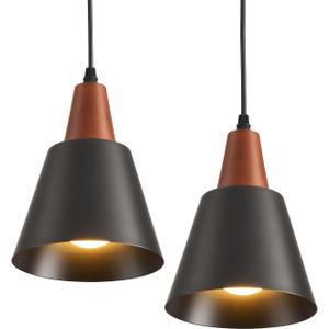 2 Pack Pendant Lights, Black Pendant Lights Kitchen Island,Wood Dome Minimalist Industrial Ceiling Hanging Lights for Kitchen Island, Barn, Dining Room, Living Roo m, Bedroom