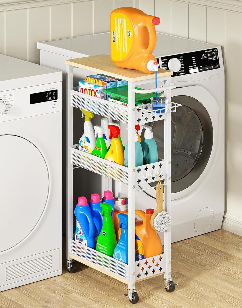 Rolling Slim Storage Cart, 4-Tier Narrow Bathroom Laundry Room Organization Cart, Metal Kitchen Storage Mobile Shelf Unit Organizer with Wood Top, Slim Utility Cart with Wheels for Small Space (7.1 inch wide (New model), White)