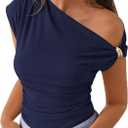 PRETTYGARDEN Womens Summer Off The Shoulder Crop Tops Ribbed Going Out Fitting T Shirts Trendy Spring Y2k Clothes 2026 (Blue, M)