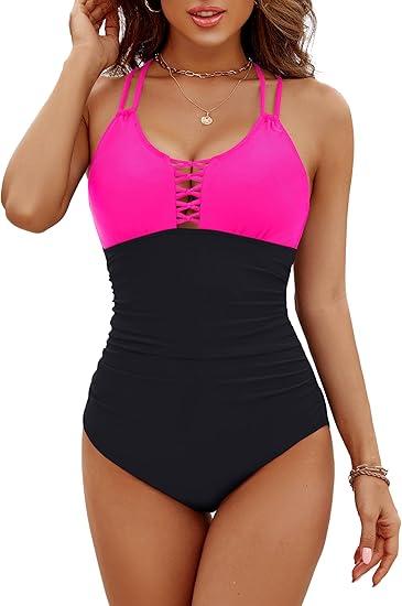 BMJL Women's Tummy Control Swimsuit Lace Up One Piece Bathing Suits Slimming V Neck Swimwear(Hot Pink Black, L)