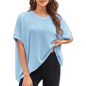 Womens Tops Crewneck Batwing Short Sleeve Shirts Ribbed Striped Casual Tee Women Oversized Loose Fit Trendy T-Shirts (Blue, S)