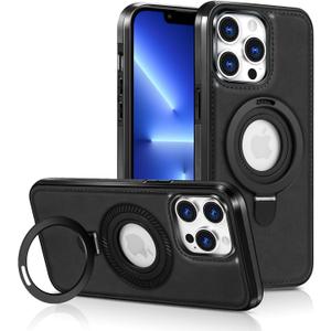 Magnetic for iPhone 13 Pro Max Leather Case, [Compatible with Magsafe] [Invisible Stand] Slim Kickstand Full Protective Case for 13 Pro Max-Black