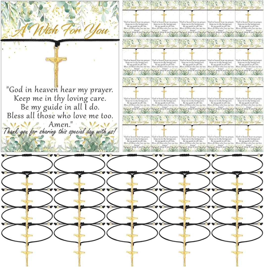 Tondiamo 50 Sets Baptism Favors for Guests 50 Pcs Adjustable Cross Baptism Bracelets with Cards Religious Bracelets Baptism Gifts for Baby Shower Birthday Party Christening Weddings Party Favors