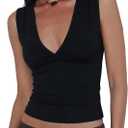 Women Deep V Neck Tops Sexy Sleeveless Crop Top Stretchy Trendy Going Out Tank Top Cute Summer Clothes (Black, M)