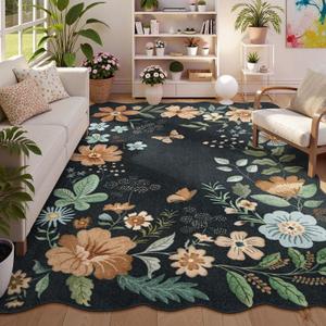 Lahome Floral Washable Rugs 8x10, Soft Ultra-Thin 8x10 Rugs for Living Room Bedroom, Easy Clean Boho Non-Slip Accent Carpet for Dining Room Office Flore (8x10ft,Black/Grey)