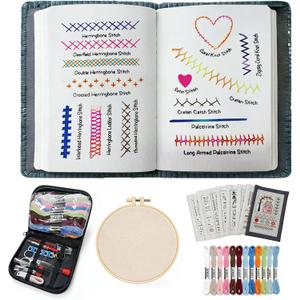 Embroidery Stitch Book Kit Embroidery Kit for Beginners Cross Stitch Kits Includes 106 Patterns,Portable Needlepoint Kit and Sewing Tools,Hand Sewing Linen Fabric Book for Beginners and Craft Lovers