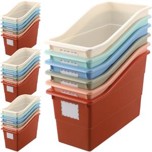 Suzile 24 Pcs Book Storage Bins with Labels Plastic Boho Folder Magazine File Holder Interlocking for Office Classroom Home book Organizer Container (Classic Colors)