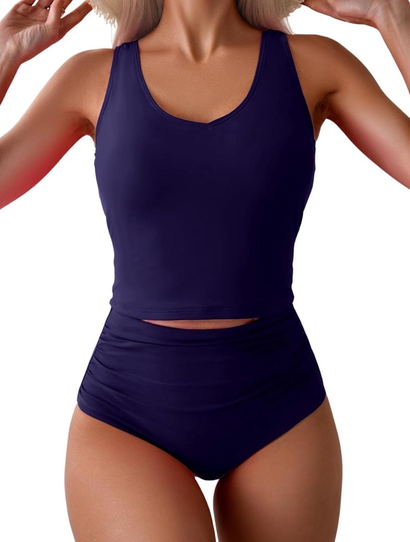 Eomenie Two Piece Tankini Swimsuits for Women Tummy Control Bathing Suits Cutout Back Swim Tank Top with High Waisted Bottom XL