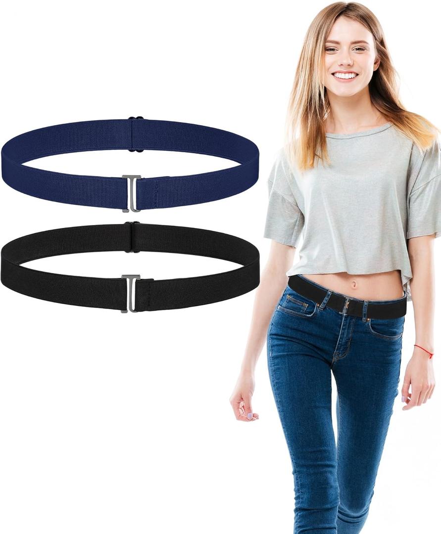 SATINIOR 2 Pack Women Elastic Stretch Belt Invisible Belts with Flat Buckle for Jeans Pants Dresses (Black, Dark Blue)
