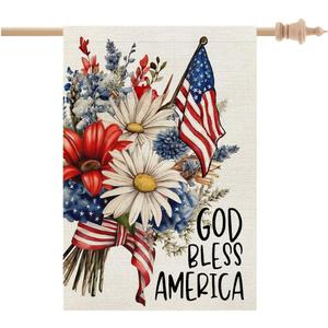 CROWNED BEAUTY 4th of July Patriotic Floral House Flag 28x40 Inch Double Sided Large Burlap for Outside God Bless America Independence Day Yard Flag CF1543-40