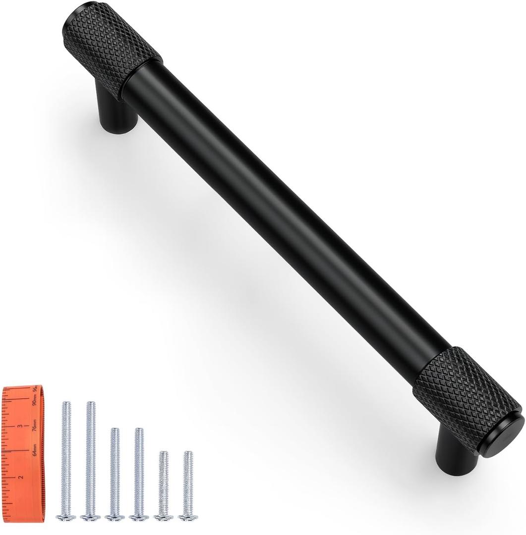 KNOBWELL 6 Pack Knurled Matte Black Solid 5 Inch（128mm） Hole Center Cabinet Handles Drawer Pulls for Kitchen Cabinet Pulls Cabinet Hardware,Aluminum Alloy Modern Cupboard Handles