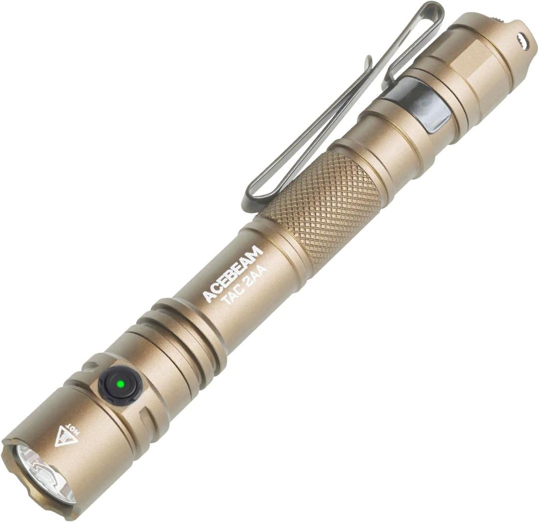ACEBEAM TAC 2AA EDC Tactical Dual Modes Flashlight Rechargeable, 1470 High Lumens Flashlight, Dual Switch Pocket LED Flashlight, Super Bright Small Flash Light for Emergency, Camping, Home(CREE XP-LR) (Desert 6500K-1470 Lumens 322 Meters)