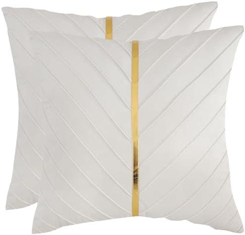 Tosleo Beige Velvet Throw Pillow Covers 18 x 18 inch Pack of 2 with Gold Leather Decorative Couch Pillow Cover Luxury Modern Pillowcases for Living Room Bedroom Sofa Cushion Bed