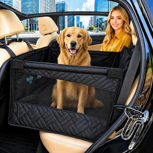 Large Dog Car Seat Extender, Waterproof Back Seat Cover with Hard Base, Seatbelt Leash, Washable Back Seat Extender, with Storage Pocket for SUV, Truck, Car