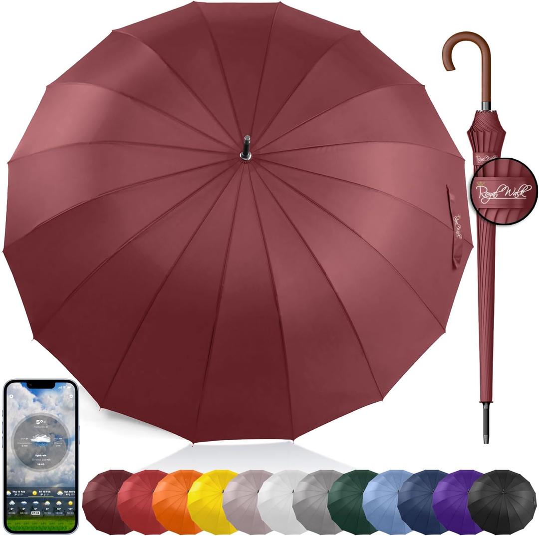 Royal Walk Large Windproof Umbrella for 2 People, 54 Inch, Dark Red, Aluminum Frame, 16 Ribs, Wooden Handle, Auto Open, Carry Sleeve