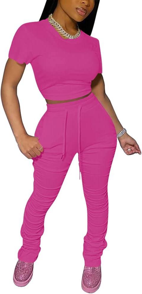PINSV Women's 2 Piece Outfits Bodycon Lounge Wear Crop Top Stacked Pants Going Out Jogging Tracksuit Sets (L)