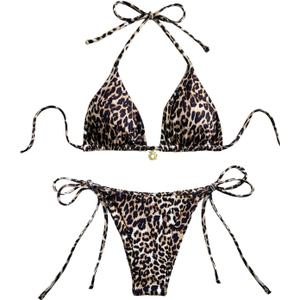 SHENHE Women's String Bikini Set Leopard Print Halter Triangle Side Tie Cheetah Swimsuits 2 Piece (Coffee Brown), S