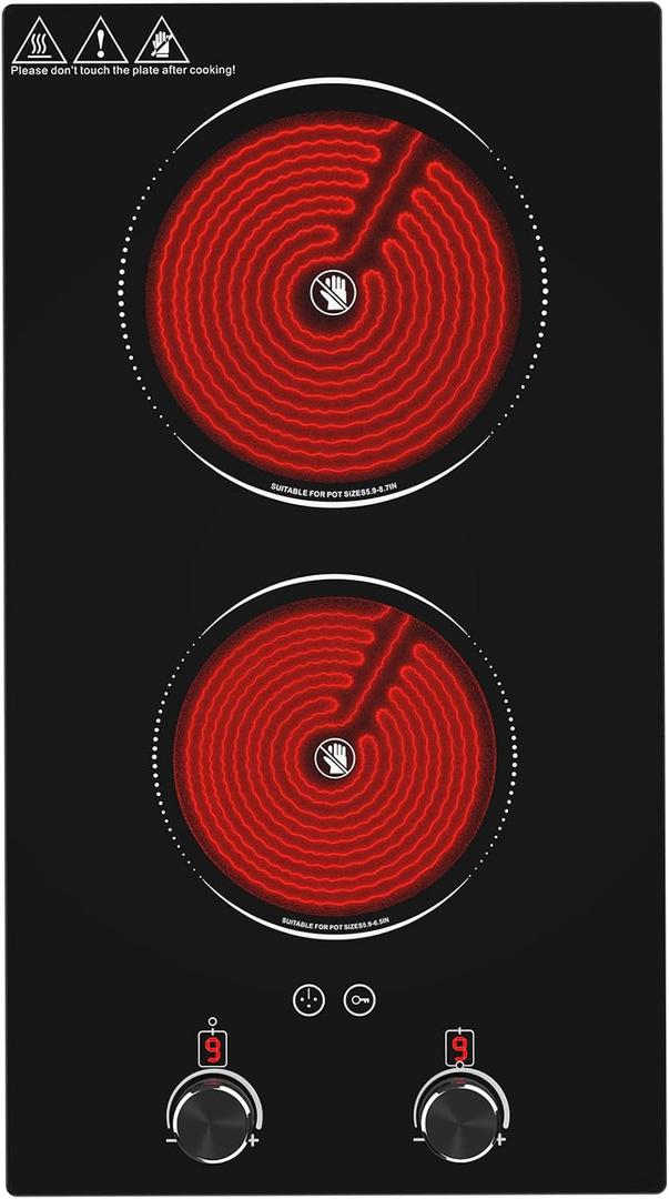 2100W Electric Cooktop 2 Burner: Electric Stove 110v-120v Hot Plate, Knob Control Countertop & Built-in Ceramic Cooktop 9 Power Levels, Child Lock, Timer, Suitable for all Pans