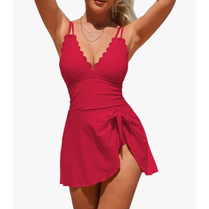 Charmo One Piece Swimdress Swimsuits for Women Scalloped Tummy Control Swim Dress Tie Knot Skirt Bathing Suit Red S