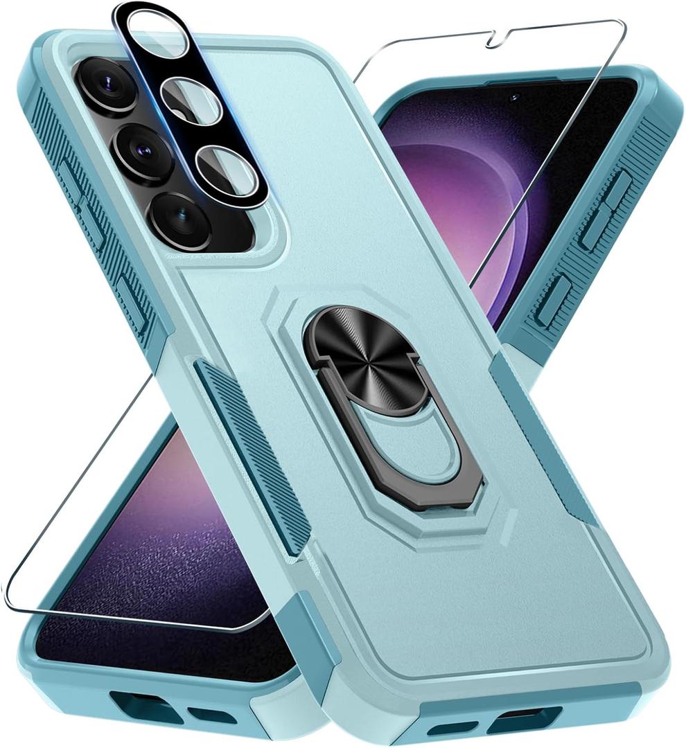 for Samsung Galaxy S25 Plus/S24 Plus Case with Screen Protector+Camera Lens Protector,Heavy Duty Shockproof Full Body Protective Cover Built in Rotatable Metal Ring Holder Kickstand,2025 Mint Green