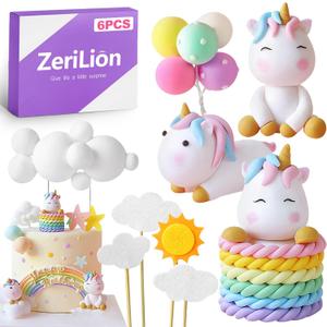 Rainbow Unicorn Cake Decor Set with Clouds and Balloons, Non-Edible Party Decorations for Birthday Celebration