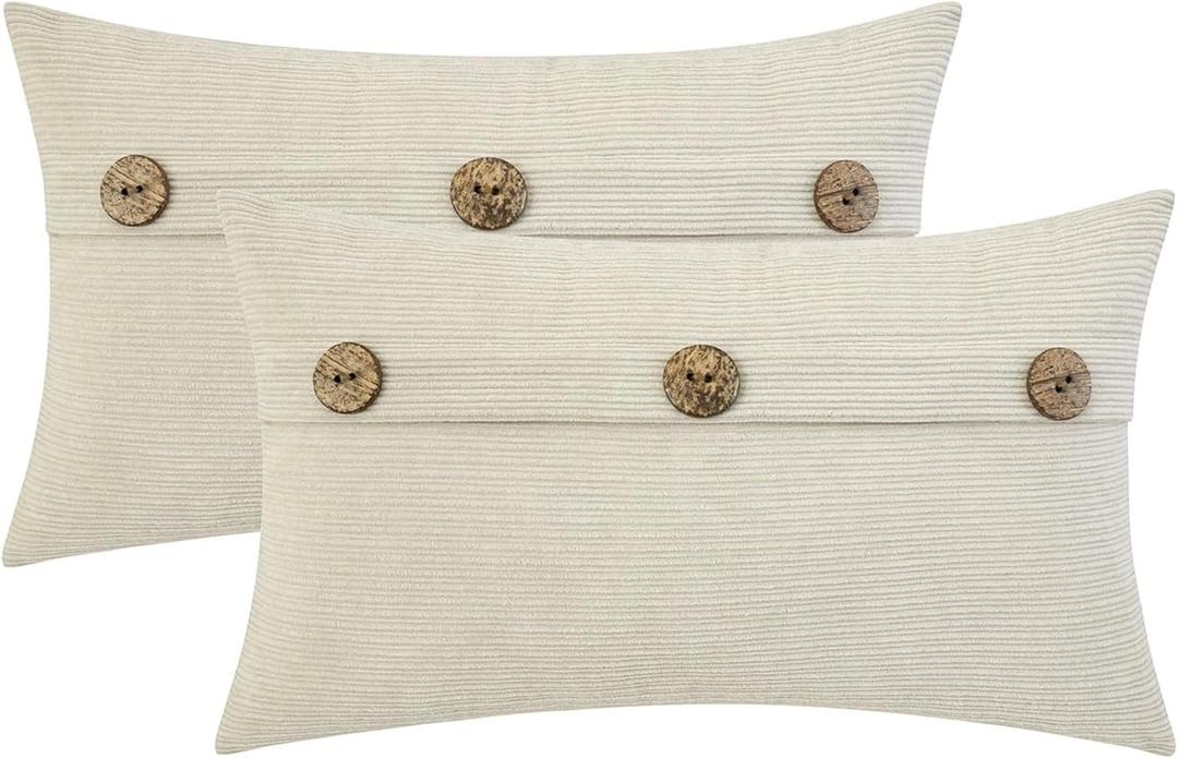 HWY 50 Cream White Chenille Throw Pillow Covers 12x20 Inch with Triple Buttons, Soft Farmhouse Accent Decorative Cushion Cases for Couch Sofa Bed Living Room Pack of 2 Rectangle