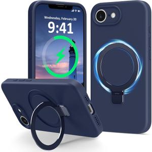 for iPhone 17e / iPhone 16e Case Stand, Slim Liquid Silicone Phone Cases Compatible with MagSafe Magnetic Ring Kickstand Case Full Camera Protection for iPhone 17e / 16e 6.1", Dark Blue