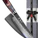 Japanese Chef Knife, 8 Inch VG10 Damascus Kitchen Knife, Professional Black Forged Kitchen Knives with Red Ergonomic Handle, Leather Sheath & Luxury Gift box, Mothers Day Gifts for Mom Wife