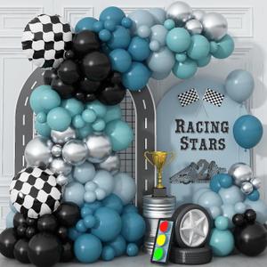 Race Car Balloons Garland Arch Kit, Dusty Blue Balloons Green Black Balloon Pale Blue Metallic Silver Balloon Arch Kit with Checkered Foil Balloon for Car Fast Birthday Baby Shower Party Decorations