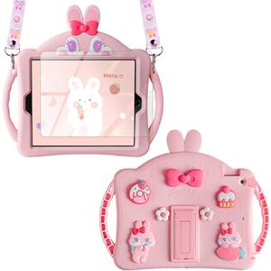 WESADN for iPad 9th Generation Case iPad 8th 7th Generation Cases 10.2 inch for Kids Girls with Screen Protector Shoulder Strap Kickstand Cute Rabbit Silicone Cover for iPad 10.2 Case Pink