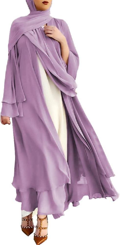 IWEMEK Women Chiffon Muslim Dress Middle East Arabian Robe Islamic Open Front Abaya Long Sleeve Flowy Maxi Cardigan Dress (Large, Purple)