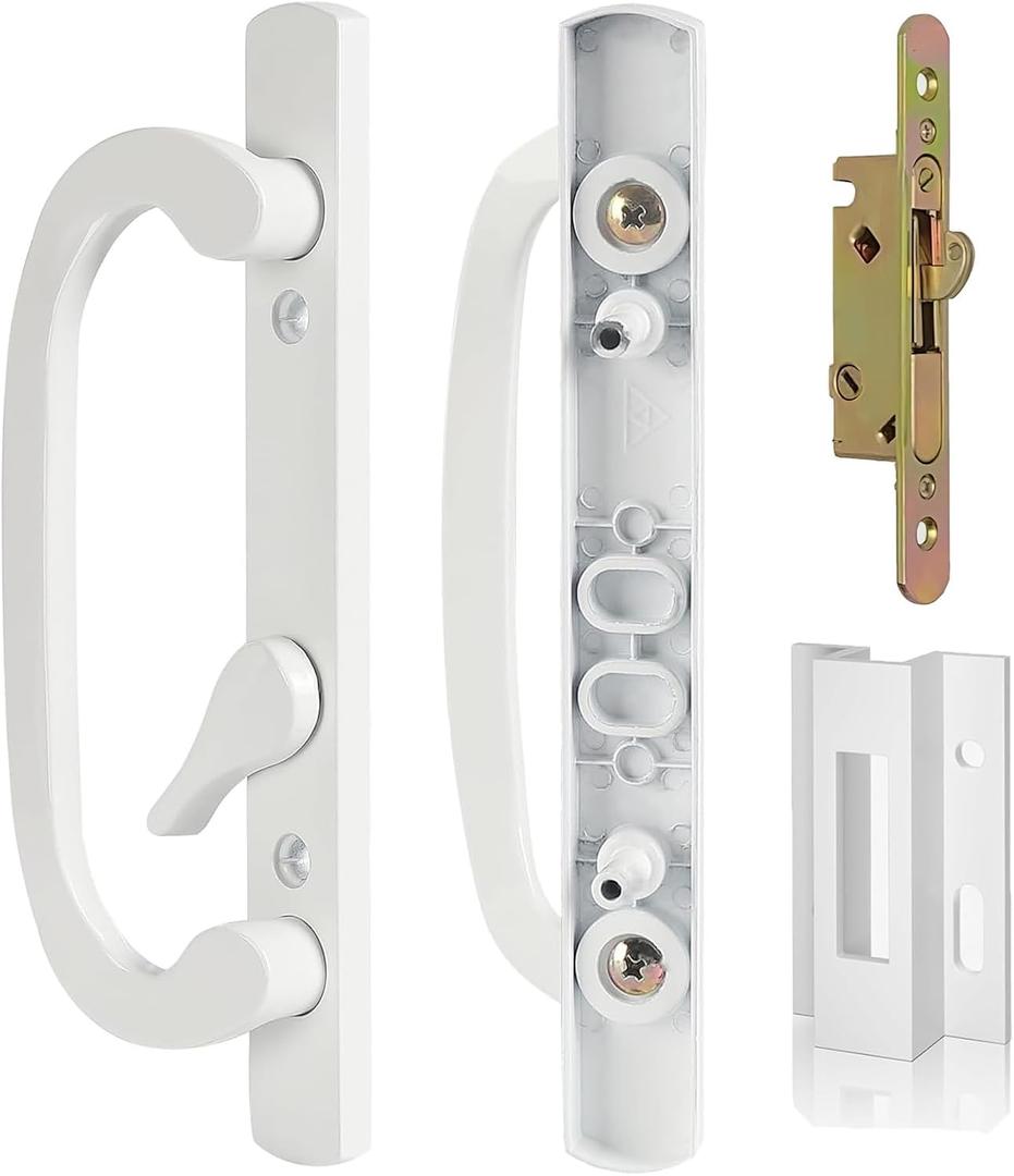Sliding Patio Door Handle Replacement with Zinc Diecast I/E Pulls, Offset Thumbturn Fits 1-3/8" to 2-1/4" Thick Door 3-15/16" Hole Spacing, Non Handed with Mortise Lock+Keeper, not Center Latch