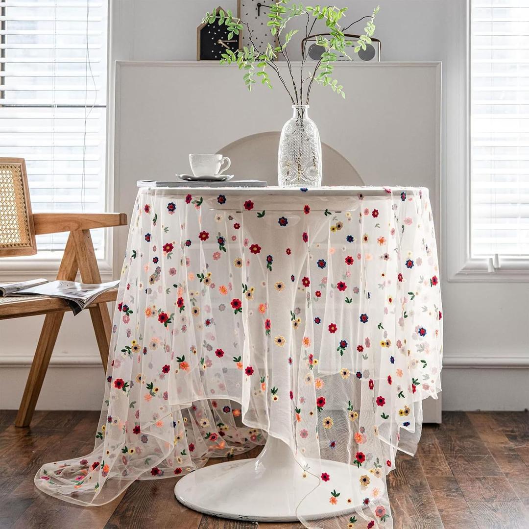 Handmade Floral Embroidery Lace Tablecloth Overlay, Vintage Embroidered Tulle Round Square Table Runner for Weddings, Parties, Easter, Spring Summer Dining Decor, Holiday Home Table Cover(59"x39")