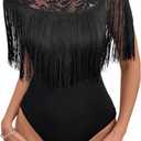 Womens Sexy Fringed Stretchy Floral Lace High Neck Leotard Bodysuit Clubwear (Medium, Black)
