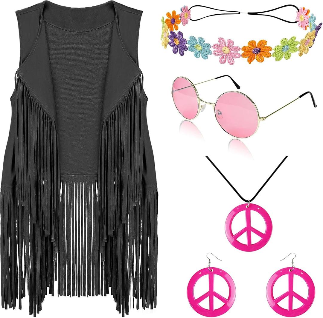 FunMular 60s 70s Outfits for Women Disco Hippie Costume Clothes Woman Peace Sign Earring Headband Fringe Vest Tassel Cardigan (Black, S)
