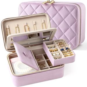 Velvet Travel Jewelry Box with Large Mirror, Double-Layer Jewelry Organizer Case for Women and Girls, Portable Storage Case with 6 Anti-Tarnish Bags Gift Ready for Her (Lavender)